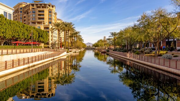 Daytime,Scene,Of,Canal,Running,Through,Waterfront,District,Of,Old